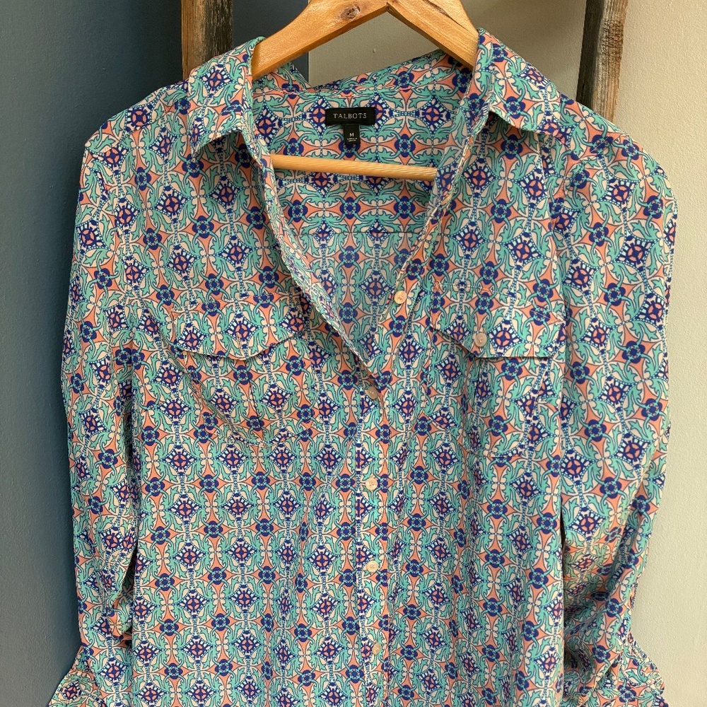 Talbots printed button up blouse